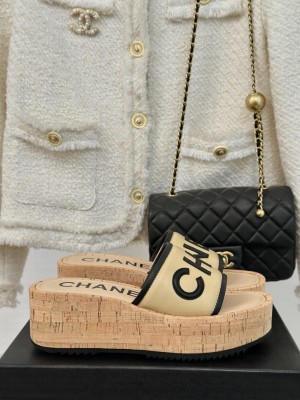 Chanel Lambskin Lambskin Platform Slide Mule Beige