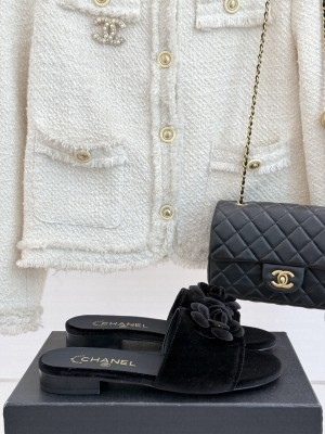 Chanel Velvet Flat Slides Sandal with Camellia Black 2025 