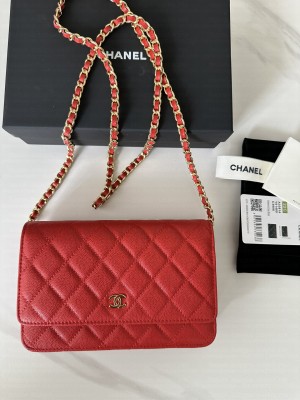 Chanel Caviar Leather & Gold-Tone Metal Wallet On Chain WOC Bag A33814 Red