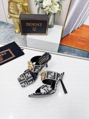 Versace x Fendi 11cm Fendace FF Fabric Slide Sandals Gray 2022 Collection 018