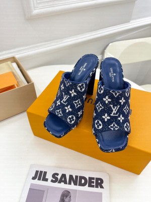 Louis Vuitton Silhouette Slide Sandals 10cm in Leather and Monogram Denim Mule 2023 Navy