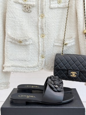 Chanel Lambskin Leather Flat Slides Sandal with Camellia Black 2025