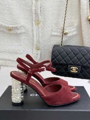 Chanel Suede Heel Sandals 8cm with Strass and Pearls Burgundy 2025