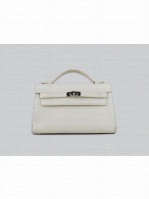 HERMES KELLY 22 CALFSKIN LEATHER CLUTCH BAG IN BEIGE-WHITE 