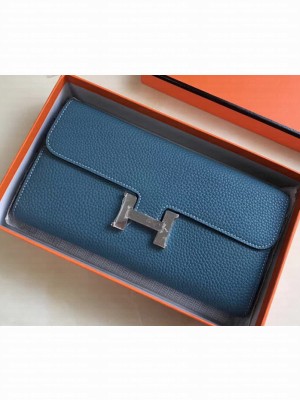 Hermes Epsom Calfskin Constance Long Wallet Clutch Bag Blue