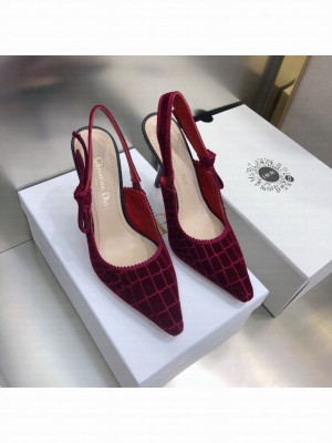 Dior J'Adior Slingback Pumps 9.5cm in Red Crocodile-Effect Embroidered Velvet 2021 Collection