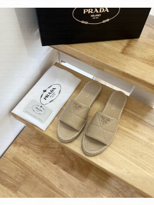 Prada Nappa Leather Espadrille Slides Beige