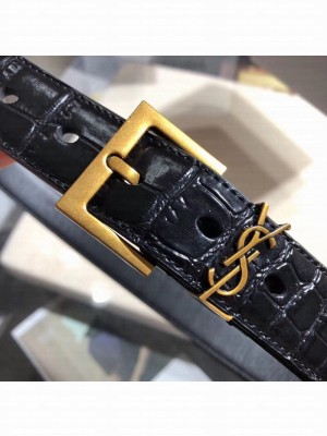 Saint Laurent Width 3cm Monogramme Belt With Square Buckle In Crocodile Embossed Leather Glossy Black/Gold