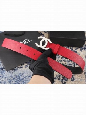 Chanel Width 3.5cm Leather Belt Red/Black with Silver CC Logo
