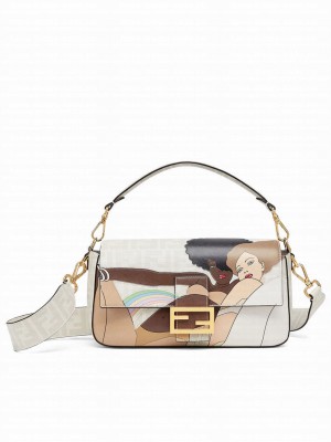 Fendi Baguette FF Glazed Fabric Bag With Inlay White
