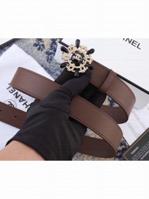 Chanel Width 3cm Crystal and Pearl Flower Buckle Leather Belt Coffee