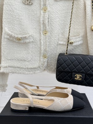 Chanel Slingback 7cm Suede Goatskin & Grosgrain Flat Beige G31319 2025