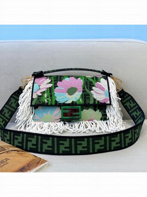 Fendi Baguette Medium Bag in Green Embroidered FF Canvas with Fringe  2021 Collection