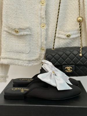 Chanel Satin Flat Mules with Maxi Bow Black/White 2024  