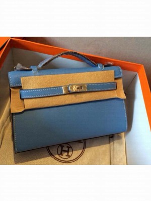 HERMES KELLY 22 EPSOM LEATHER CLUTCH BAG IN Coral Blue