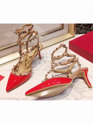 Valentino Heel 9.5cm Rockstud Caged Ankle Strap Pumps in Patent Leather Red
