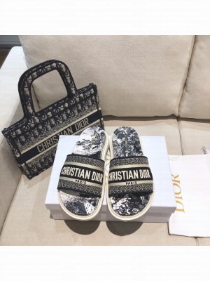 Dior Dway Slide Sandals in Black Toile de Jouy Reverse Embroidered Cotton 2021 Collection 