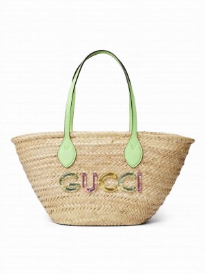Gucci Small Straw Tote Bag With Gucci Logo 779524 Green