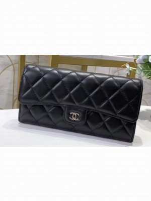 Chanel Classic Long Flap Wallet 30077 Lambskin Black/Silver