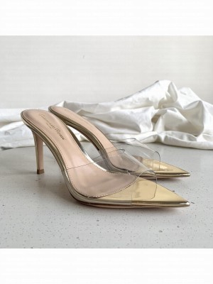 Gianvito Rossi Elle sharp pointed toe mules with plexi upper 10cm Sandal Gold 2021 Collection