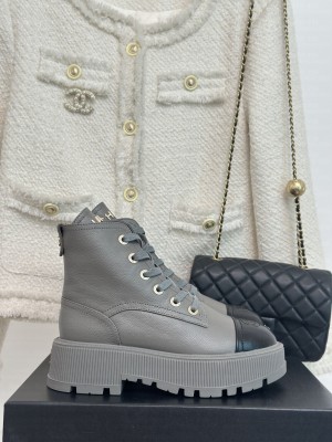 Chanel Calfskin 3.5cm Lace-up Biker Boots 2023 Gray