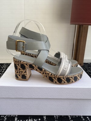 Dior Dway Heeled Sandal Natural Raffia, Gray Embroidered Cotton and Calfskin