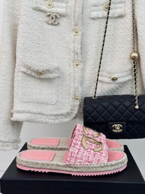Chanel Tweed Espadrilles Slide Mules Pink