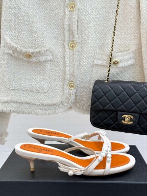 Chanel Vintage Canvas Heel Sandals 3.5cm with Pearls White/Orange 2025