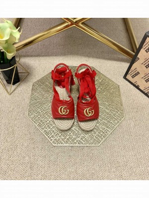 Gucci GG Lambskin Wedge Sandals Red 2021 Collection