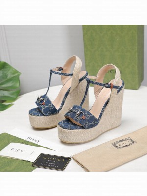 Gucci Denim 13cm Blue Espadrilles Wedge Sandals 2021 Collection