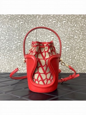 VALENTINO V-logo MINI LOCO sheepskin and fabric Bucket Bag I6ZN red