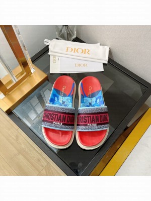 Dior Dway Flat Slide Sandals in Red Multicolor D-Flower Pop Cotton Embroidery 2022 Collection
