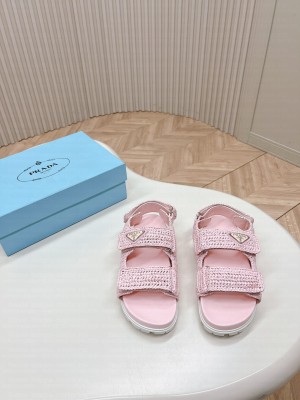 Prada Crochet Cage Flat Sandals 2024 Pink
