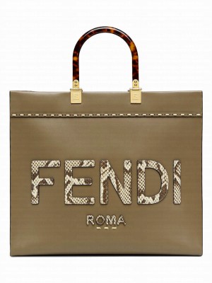 Fendi Sunshine Medium Leather And Elaphe Shopper 8BH386 Khaki