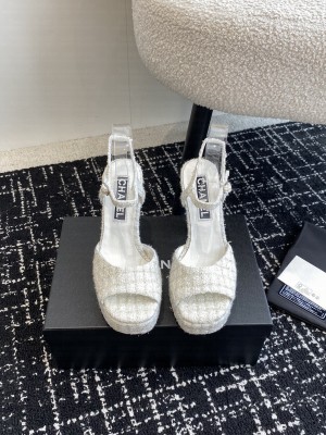 Chanel Platform 4cm Heel 12cm Tweed Sandals Gray
