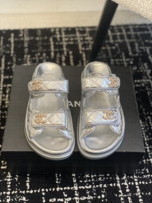 Chanel Grained Calfskin Velcro Dad Slide Sandals Sliver 2025