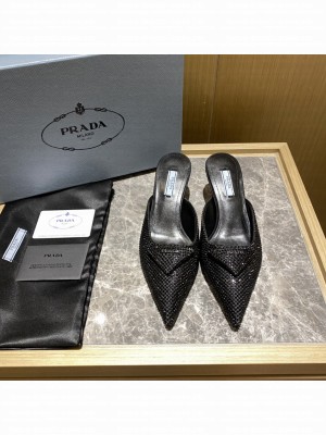 Prada Women's 5.5cm Satin Mule Sandals With Crystals 2022 Collection,Black