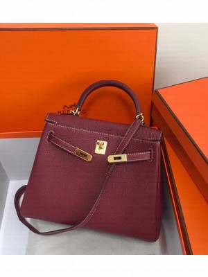 Hermes Kelly 25 Bag in Calf Leather with Gold Hardware Burgundy