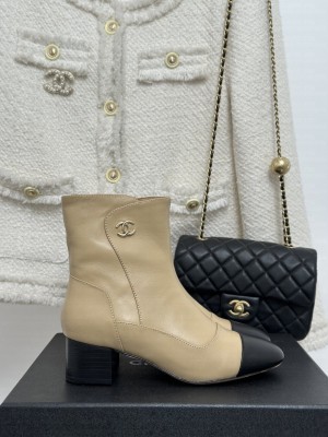Chanel Calfskin 6cm Heel Ankle Boots 2023 Beige