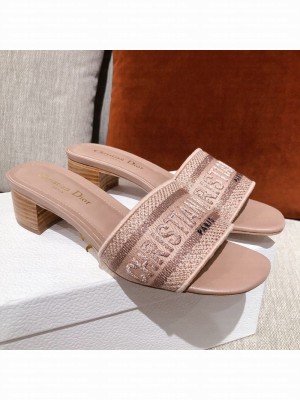 Dior Dway Embroidered Cotton Heel Slide Sandals 5cm Light Pink Spring/Summer 2021 Collection