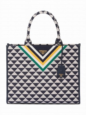 Prada Symbole Jacquard Fabric Handbag Dark Blue