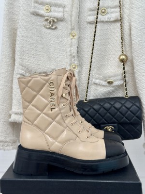 Chanel Women's 5cm Quilted Calfskin Lace-up Boots Beige