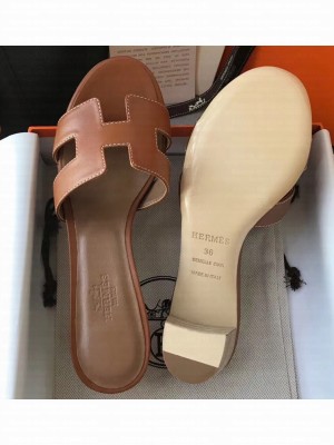 Hermes Heel 5cm Oasis Slipper Sandals in Swift Box Calfskin Brown 03