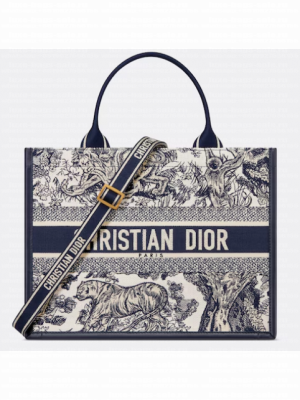 Medium Dior Book Tote White and Navy Blue Toile de Jouy Sauvage Embroidery with Navy Blue Calfskin M1324CE