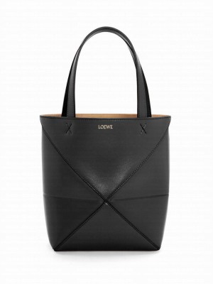 Loewe Mini Puzzle Fold Tote In Shiny Calfskin Black