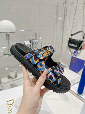 Dior DiorAct Print Fabric Flat Slide Sandals Blue/Orange 2022