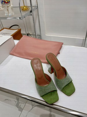 Amina Muaddi Caroline Crystal 9.5cm Slide Satin Open pointed toe Mule Sandal Green