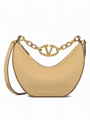 Valentino Small Vlogo Moon Hobo Bag In Grainy Calfskin With Chain Apricot