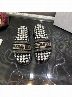 Dior Dway Slide Sandals in Black Cotton Embroidery with Micro Houndstooth 2022 Collection