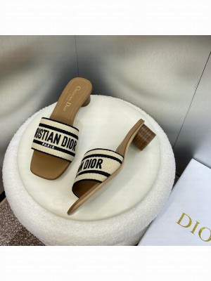 Christian Dior Dioriviera Dway Heel Slide Natural Raffia and Black Embroidered Cotton